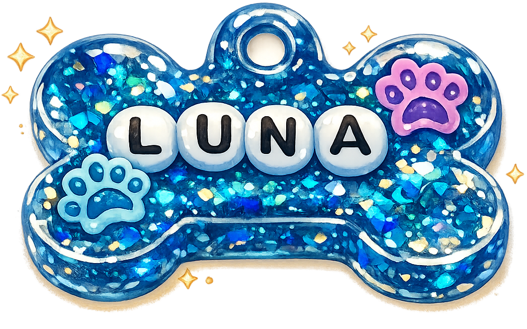 Blue resin dog tag with Luna name and paw accents