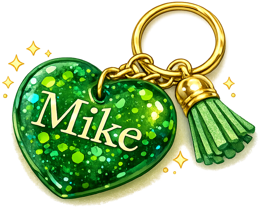 Personalized green resin heart keychain with gold hardware